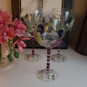 (3) Vintage Handpainted Balloon Wine Glasses By Home Essentials & Beyond. NWT